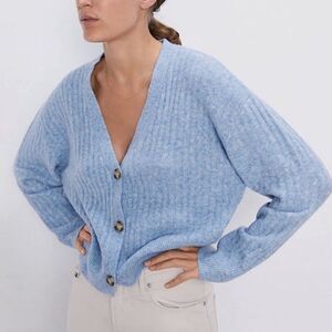 Zara Blue Weave Pattern Cropped Boxy Button Up V Neck Knit Cardigan Sweater
